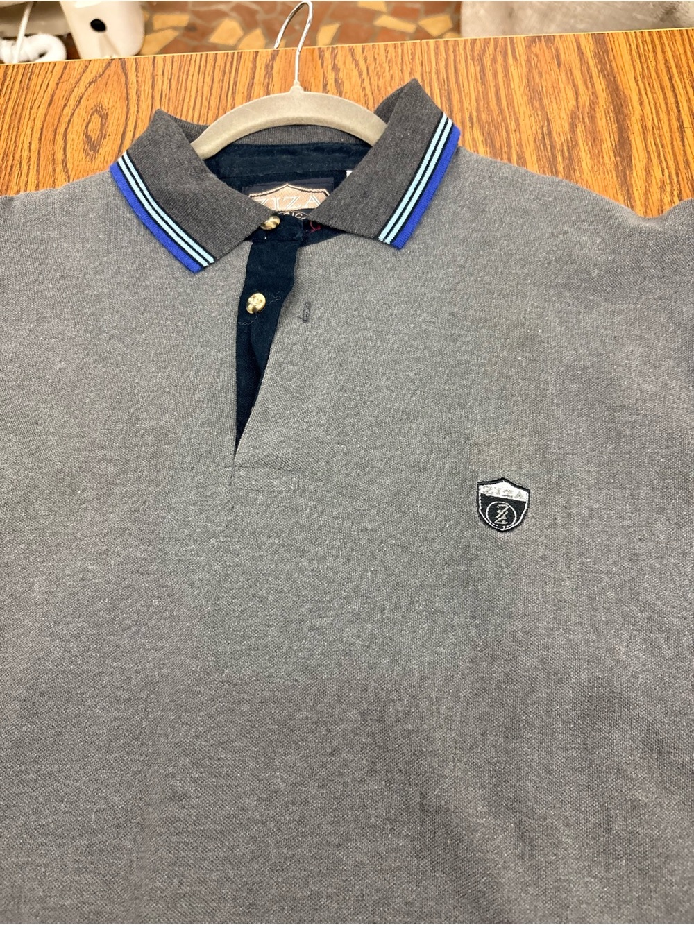 Men's Grey Polo with Navy Trim and Chest Crest